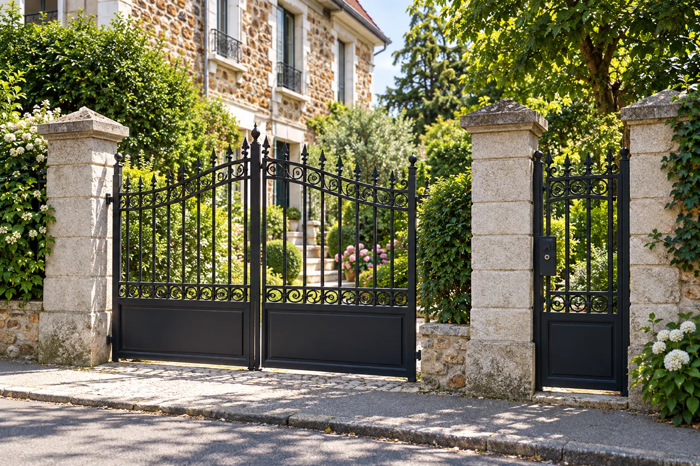 Portail en fer forgé et portillon d'une villa en meulière dans une rue arborée de Saint-Maur-des-Fossés
